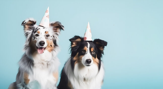 Two cute Australian Shepherd; Border Collie dogs  in birthday cap celebrating a birthday, sitting on a blue studio background with copy space. happy birthday card with pets. Generative AI