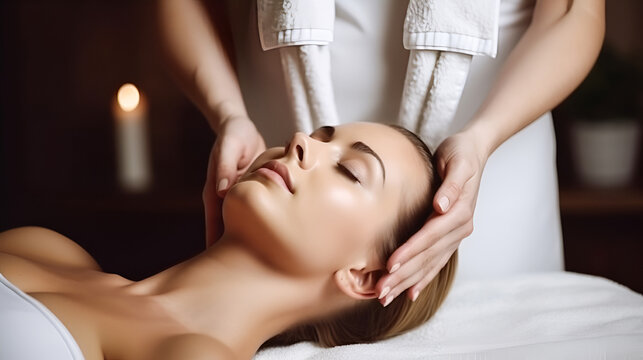 Relaxing massage. Woman receiving head massage at spa salon side view. AI generative