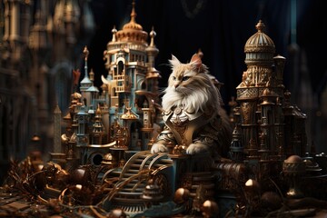 Catopia: Visualize a fantastical world where cats rule, with elaborate cat castles, feline kingdoms, and regal cat monarchs illustration generative ai