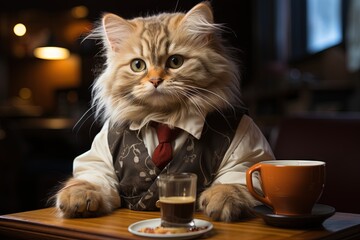 "Cattuccino" Barista: Imagine a cat dressed as a barista, complete with a tiny apron, ready to serve up some "paw - some" cattuccinos at a whimsical coffee shop illustration generative ai