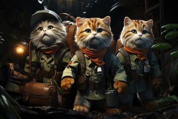 Catventurers of the Lost Toybox: Picture a team of adventurous cats, equipped with tiny backpacks and magnifying glasses, embarking on a thrilling expedition illustration generative ai
