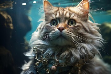 Meow - nificent Mermaid: Visualize a cat dressed as a mythical mermaid, with a shimmering tail and seashell accessories, bringing a delightful twist to underwater adventures illustration generative ai
