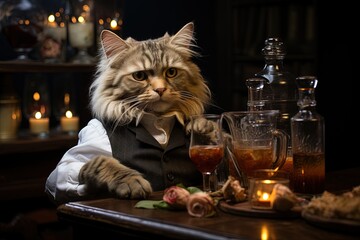 Purr - fessional Purr - tender: Capture a cat dressed as a bartender, skillfully mixing drinks with its furry paws, bringing a touch of whimsy to the art of cocktail illustration generative ai