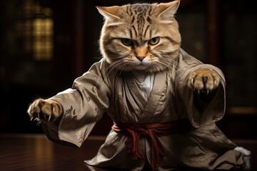 Cat - ninja: Capture the image of a stealthy and agile cat, dressed in traditional ninja attire, leaping through the air with precision and executing martial arts moves illustration generative ai