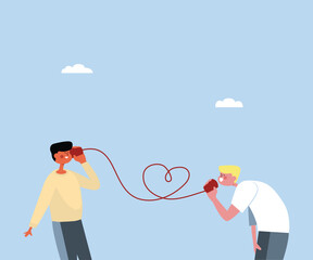 Two young Gay Teenagers Talking to Each Other About Love Via Paper Cup Phones, Heart shape Forms From String