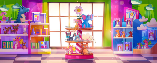 Kid toy store interior cartoon vector illustration. Happy children toyshop for buy little gift. Teddy and doll display on wooden rack in market aisle. Indoor mall with floor and big window