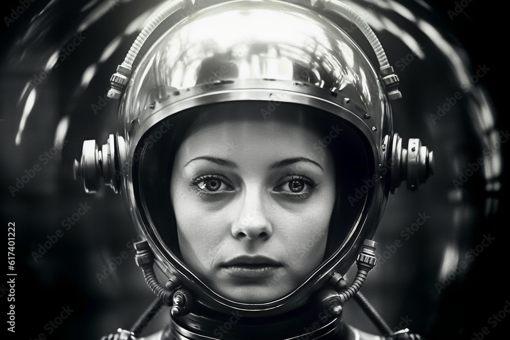 Wall mural 1950's atomic age image of model wearing sci-fi style space suit and helmet in preparation for inter