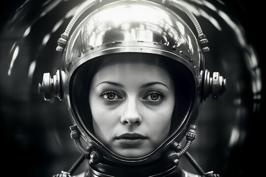 1950's Atomic age image of model wearing sci-fi style space suit and helmet in preparation for interstellar travel to the moon and beyond.