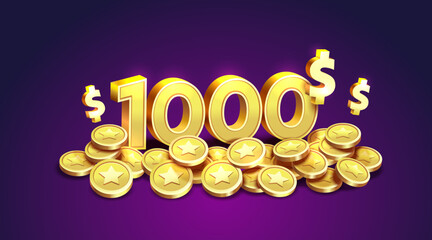 1000 dollar coupon gift voucher, cash back banner special offer, casino winner. Vector illustration - obrazy, fototapety, plakaty