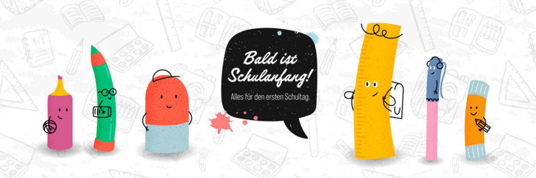 Cute hand drawn characters and German text saying "Back to school - everything for the first day of school" - great for banners, invitations, advertising