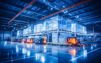 Fototapeta premium Robotic and futuristic large warehouse, with conveyor rollers and mechanical elevators