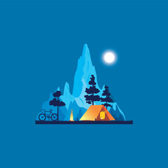 Flat vector illustration of a night camping in the mountains, square banner with copy space