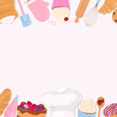 Cake and bread with baking tools on white background