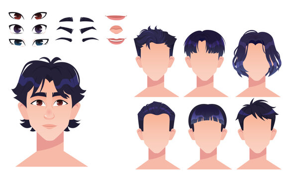 Boy for animation set. Asian man with different body parts, emotions, eyes, mouth, eyebrows and hairstyles. Male character avtar creation. Cartoon flat vector collection isolated on white background