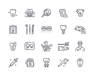 Dentistry and teeth icons. Outline stickers set with flossing and dental health, braces and medical supplies. Dentist, toothache and caries. Linear flat vector collection isolated on white background