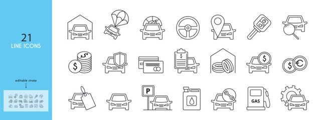 Car dealership line icons set. Seasonal tire storage, car wash, maintenance and repair. Vector icon kit