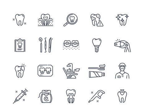 Dentistry and teeth icons. Outline stickers set with flossing and dental health, braces and medical supplies. Dentist, toothache and caries. Linear flat vector collection isolated on white background