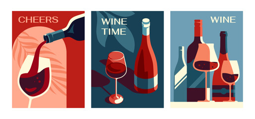 Posters with wine set. Abstract aesthetic banners with alcohol drink, bottles and glasses. Restaurant, evening date and sommelier concept. Cartoon flat vector collection isolated on white background - obrazy, fototapety, plakaty