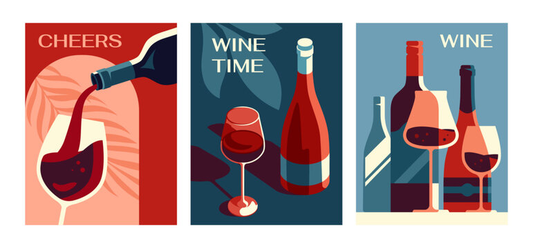 Posters with wine set. Abstract aesthetic banners with alcohol drink, bottles and glasses. Restaurant, evening date and sommelier concept. Cartoon flat vector collection isolated on white background