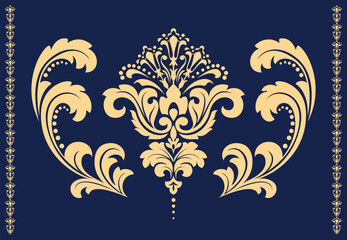 Damask graphic ornament. Floral design element. Gold and dark blue vector pattern