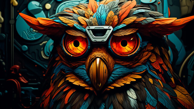Colorful pattern of Owl face Art, Decorative Background, Feathers, Buzzle Art 