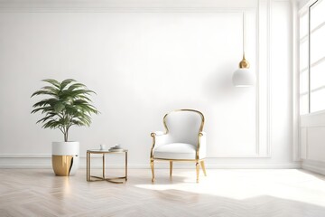 Empty white Room with chair and plant in the corner white and gold modern and contemporary design. Generative AI