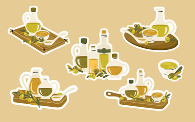 Set of stickers with olive oil bottles. Glass pitcher and corked bottle of extra virgin olive oil on wood board. Kitchenware with branch of olive trees, leaves. Cooking concept. Healthy food. Vector