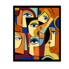 Colorful abstract background, cubism art style,  crowd of people