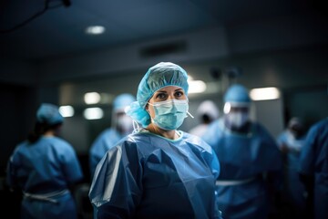 wide angle portrait of doctor - nurse in operating room - every day hero - wearing full medical protection with mask and cap - generative ai - imaginary person