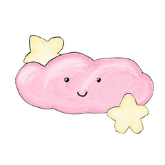 Hand drawn illustration of pink cute cloud with yellow night stars. Funny nursery design for kids children, simple minilamist character anture sleeping baby room poster decor.