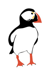 Hand drawn illustration of puffin bird in black white orange. Natural nature species, seabird cute character design, sea ocean animal art, simple minimalist zoo print.