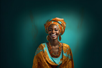 Smiling black woman in traditional African outfit. She is standing against a teal colored backdrop.
