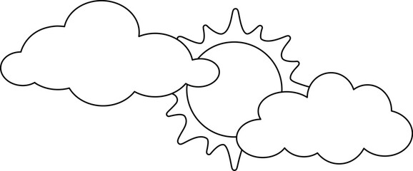 The sun shines from behind the clouds - a vector linear picture for a coloring book, logo or pictogram. Outline. Clouds block the sun for coloring book, sign or icon