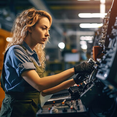 Fototapeta na wymiar AI-created image of a young woman working in a factory with high-tech machinery.