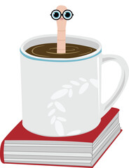Bookworm Swimming in Cup of Coffee on Top of Book