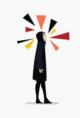 Lesbian Woman with Rainbow Pride Flag Sleeve Cries From Mental Illness, Stress, Grief, Sadness, Depression, Anxiety, PTSD, Bipolar Disorder, Anorexia, & Social Anxiety with Arrows Pointing at her head