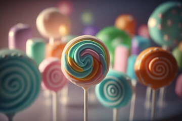 A group of colorful lollipops in a glass. Colorful lollipops and different colored round candy. Colorful sweet candies. Sweets and sugar candies. Colorful swirl lollipop. Round candies on stick.