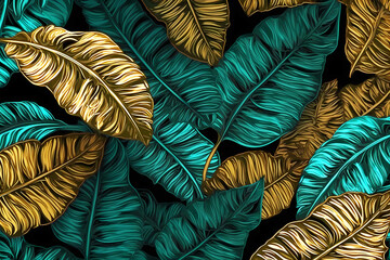 Seamless pattern with green and gold leaves on a black background, wallpaper. Wild nature concept. Generative Ai