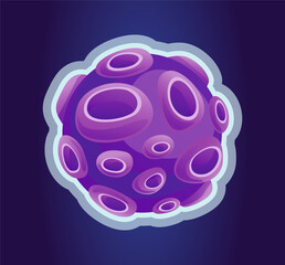 Fantasy space planet. Purple alien sphere with craters. Shining space element for app and game design. Galaxy, astronomy and universe. Cartoon flat vector illustration isolated on dark background