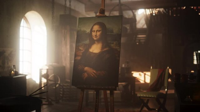 Renaissance Aesthetics: Empty Shot with no People Presenting the Famous Painting of the Mona Lisa Resting on an Easel Stand in an Old Art Workshop. Recreation of Leonardo Da Vinci's Creative Space