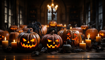 Halloween carved pumpkin head jack lantern with burning candles and colorful bokeh background, Jack O lanterns in spooky room on wooden shelf copy space