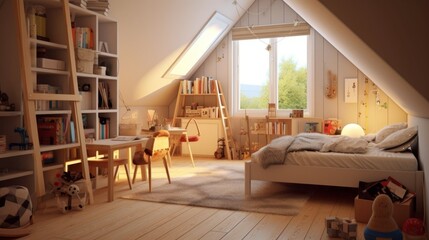Children's room with Scandinavian influence in a minimalistic approach. AI generated