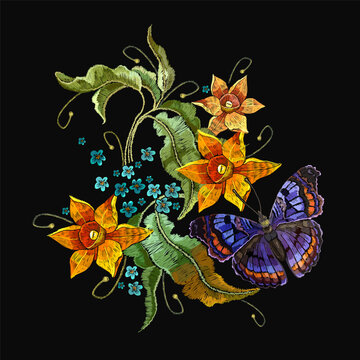 Embroidery butterfly, bouquet of narcissuses flowers and meadow herbs. Beautiful daffodils on black background. Spring garden art. Template for clothes, textiles, t-shirt design