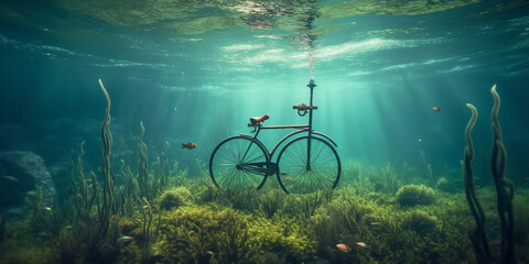 Fototapeta na wymiar old penny bicycle under water generative AI