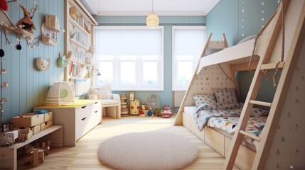 Fototapeta na wymiar Minimalist Scandinavian children's room with modern touches. AI generated