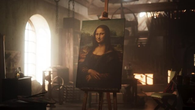 Slow Zoom in Presenting the Famous Painting of the Mona Lisa Resting on an Easel Stand in an Old Art Workshop. Warm Atmosphere Inside a Renaissance Creative Space full of Inspiration