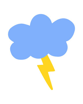 Cloud and lightning strike hand painted with brush. Doodle cloud and thunder bolt icon isolated on white background.