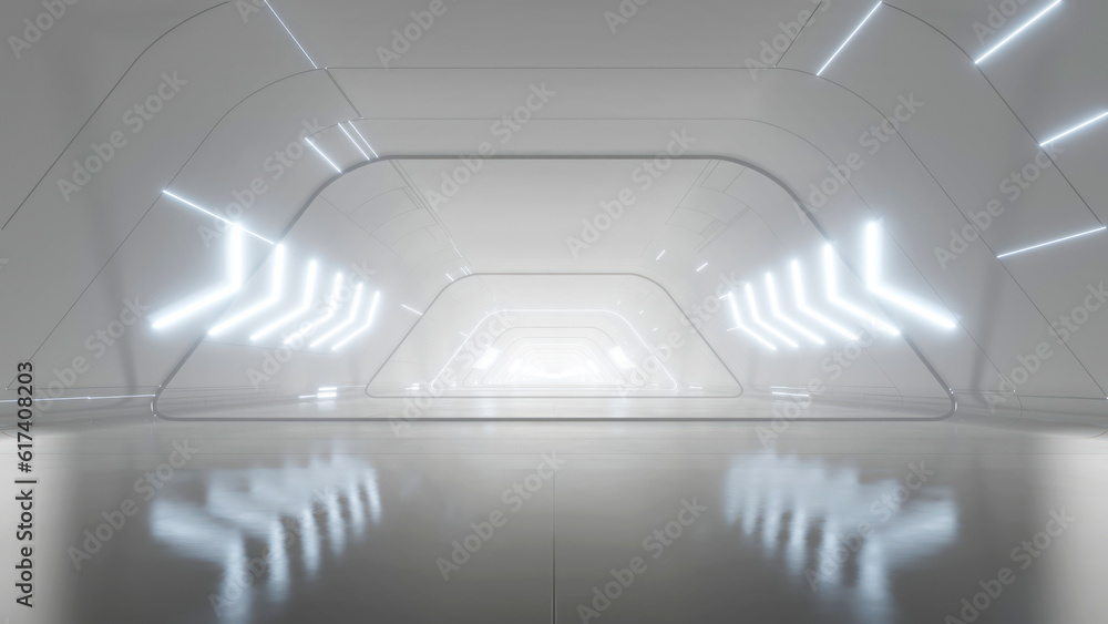 Poster 3d rendering of white abstract sci-fi tunnel, futuristic spaceship corridor.