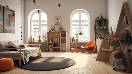 Scandinavian chic minimalist style in a children's space. AI generated
