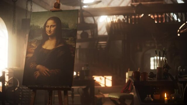 Empty Shot of the Painting of the Mona Lisa Put on a Wooden Easel in an Antique Workshop. Documentary Shot Depicting the Place Where the Genius of Leonardo Da Vinci Was Put on Canvas. Static Shot